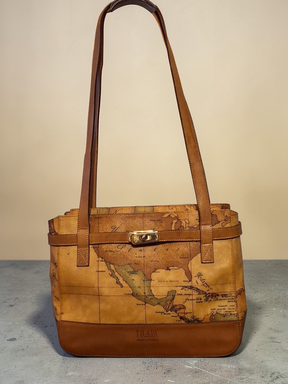Alviero Martini Tan Map-Print Leather Shoulder Bag